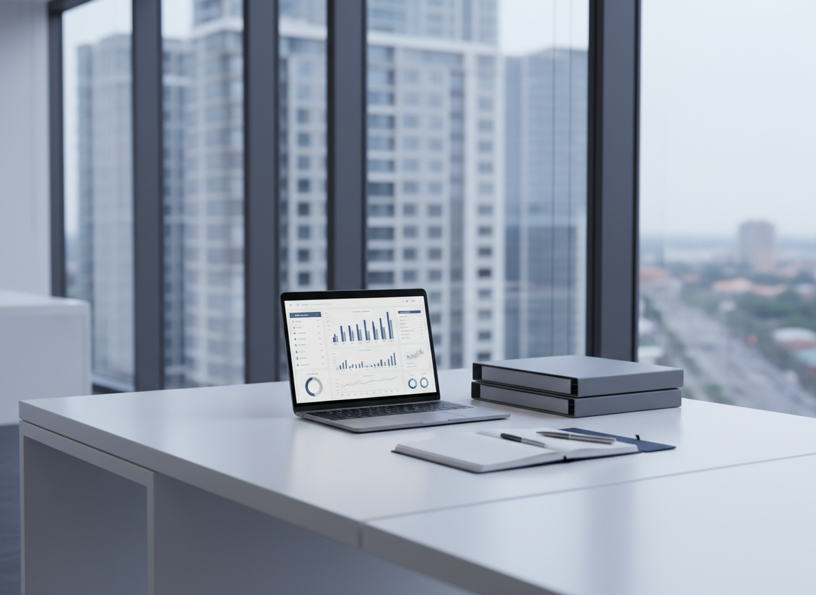 A meticulously organized modern consulting workspace with a large matte-white desk as the central focus, supporting a slim silver laptop displaying structured charts and dashboards, alongside neatly stacked graphite-grey folders and a single navy-blue notebook with a fine metal pen. The desk stands in front of a broad, blurred cityscape visible through floor-to-ceiling windows, suggesting a professional business district. Soft, diffused daylight enters from the left, creating clean, gentle shadows and subtle reflections on the desk surface. Shot at eye level with a slightly wide framing, everything appears crisp and controlled, conveying reliability and structure. The mood is calm, focused, and highly professional, with a photographic realism and minimalist, corporate aesthetic in neutral greys, whites, and muted blues.