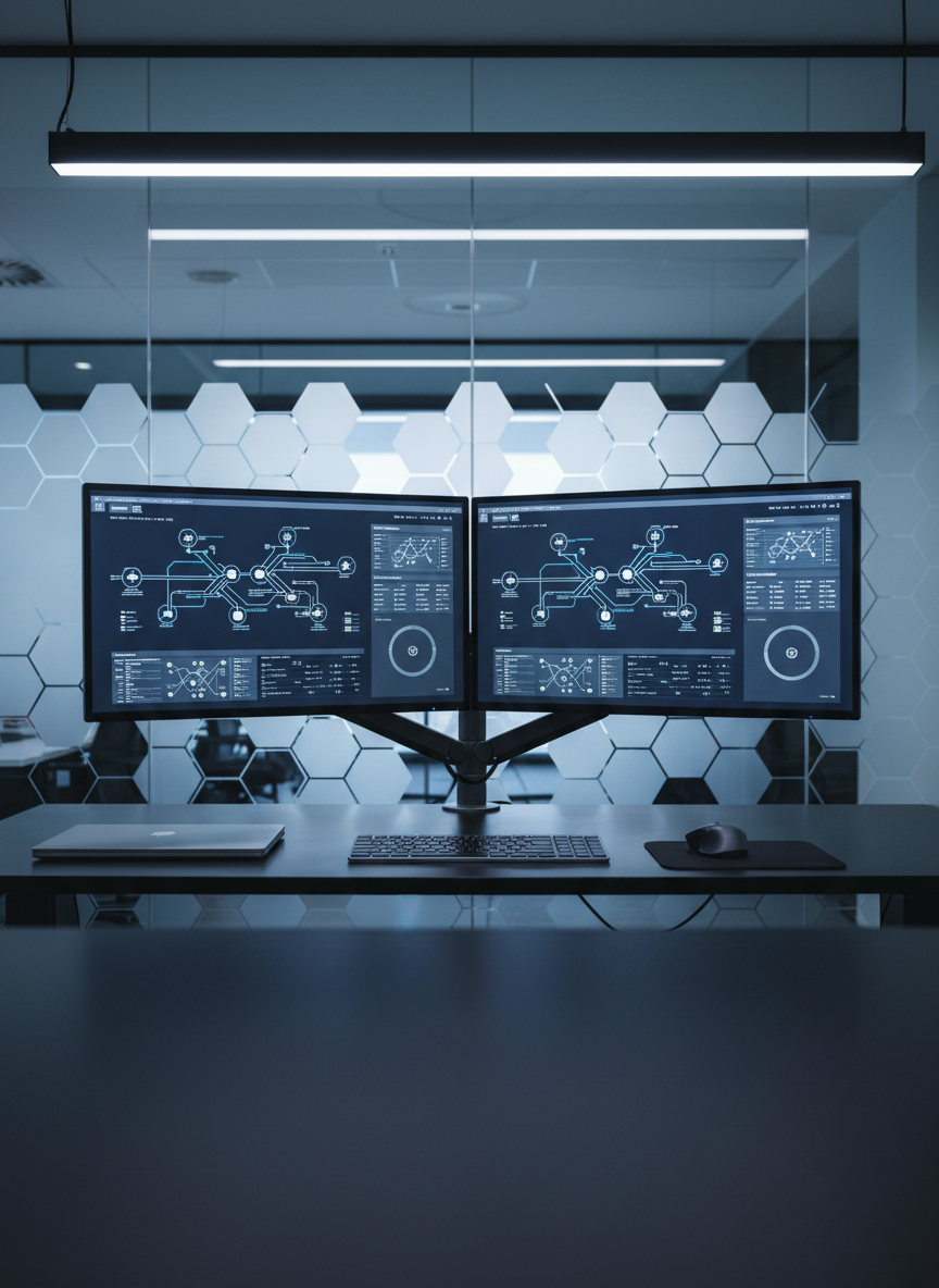 A sleek dual-monitor setup on a matte black desk, both screens displaying clean IT network diagrams and dashboards in subtle blues and greys, symbolizing structured IT consulting and digitalization. A compact, wireless keyboard and mouse are aligned precisely, with a single closed steel-grey notebook to the side. Behind, a frosted glass wall with faint geometric patterns suggests a modern office environment without distractions. Cool, even LED lighting from above and a soft glow from the monitors create a calm, focused ambiance, with delicate reflections on the desk surface. Captured from a slightly elevated angle, with strong horizontal lines and sharp focus, the composition feels technical, reliable, and contemporary, embodying photographic realism and a clean corporate aesthetic.