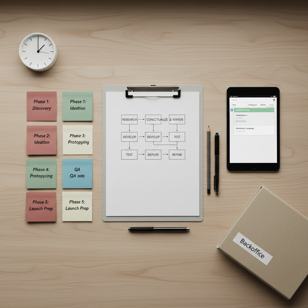 An overhead view of a clean, structured project-planning scene on a light oak tabletop, featuring a large, pale-grey clipboard with a detailed process flowchart, color-coded sticky notes in muted tones, and a slim tablet displaying a digital kanban board. A small, minimalistic clock and a closed, sand-colored binder labeled "Backoffice" anchor the corners of the composition. Soft overcast window light from above-left creates uniform illumination and minimal shadows, emphasizing clarity and order. The layout follows a balanced, grid-like composition, sharp focus throughout, highlighting concepts of process optimization and efficient organization. The atmosphere is methodical and reassuring, with photographic realism and a modern, corporate, neutral-toned aesthetic.